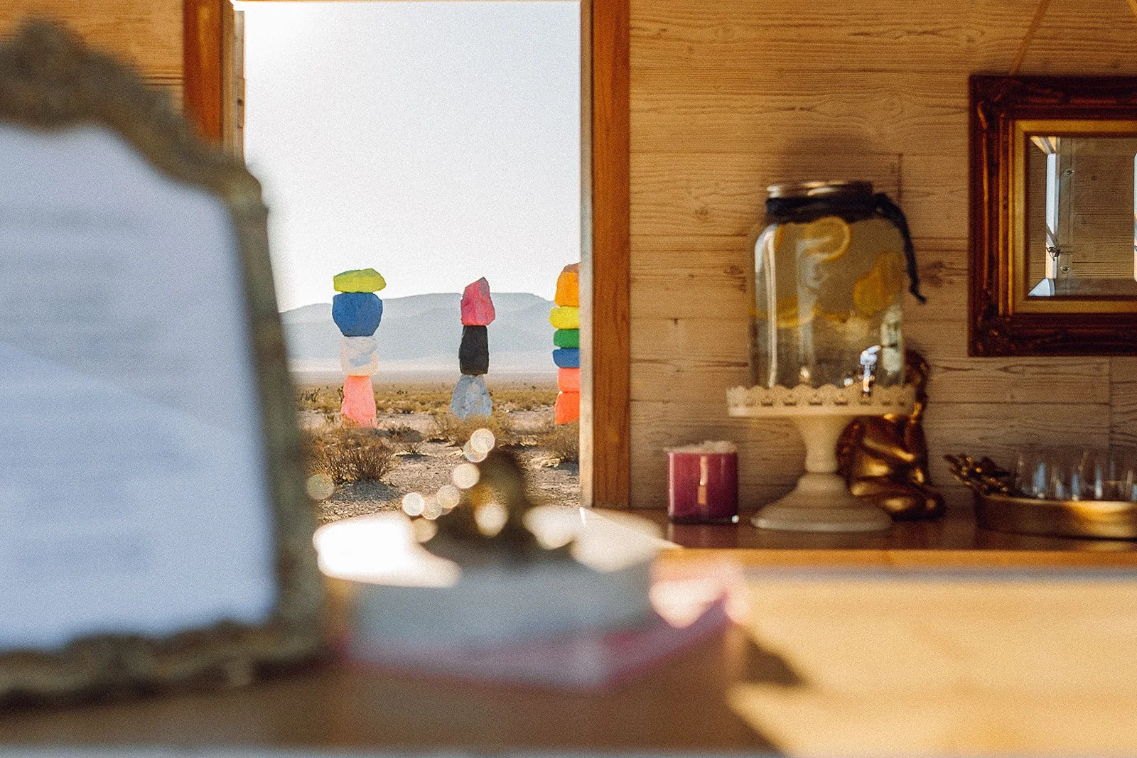 Seven Magic Mountains Sunrise Elopement with Trixies Mobile Bars and Pomp and Pearl for Roll with it Retreats.